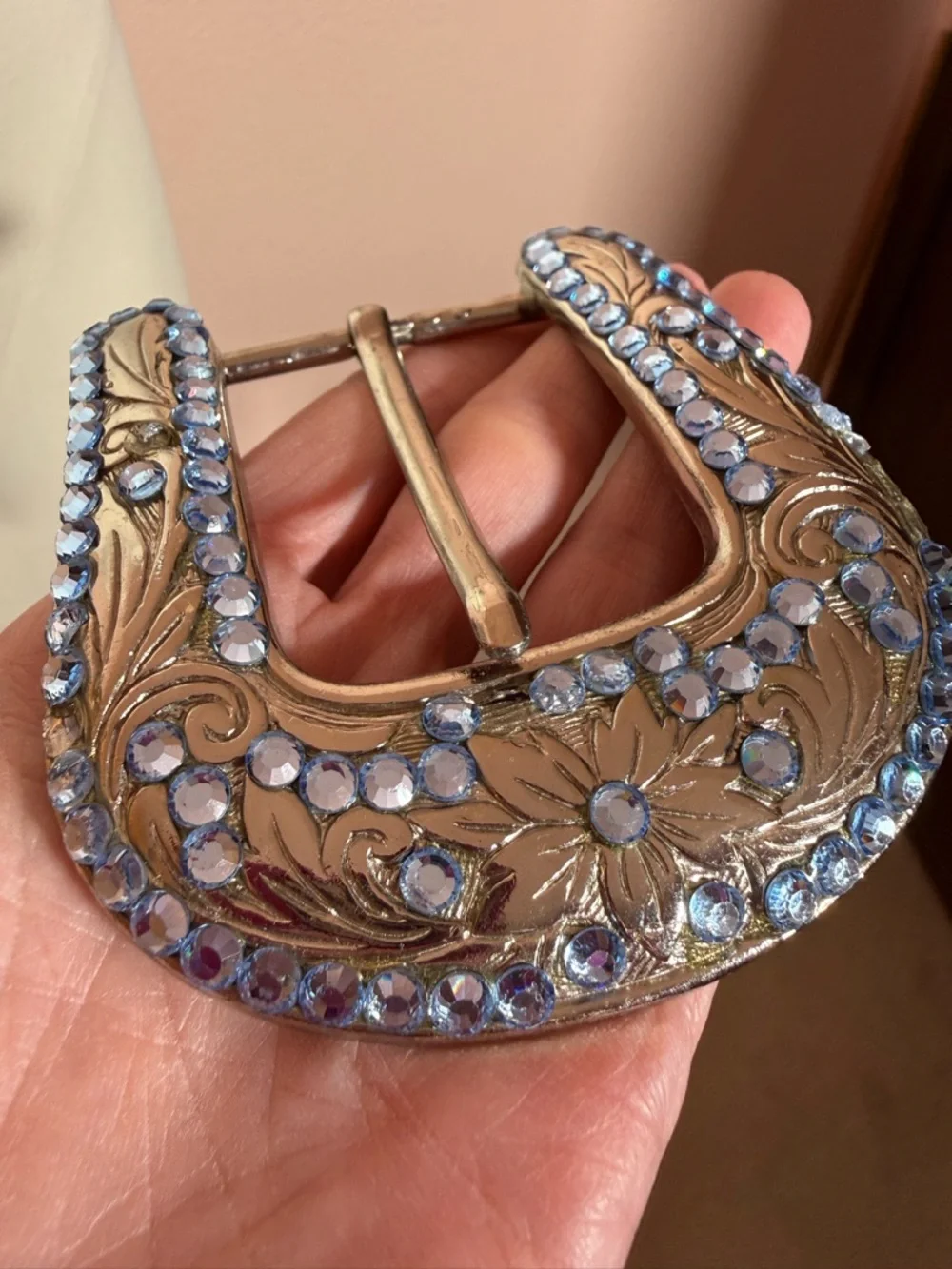 B.B. Simon Blue crystal Etched Silver Metal Oversized Western Belt Buckle